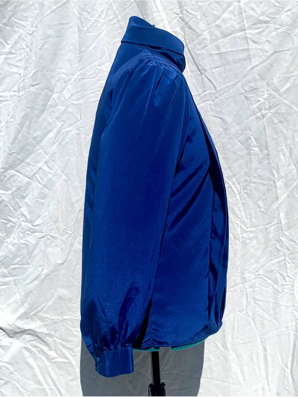 Vintage Blue Secretary Blouse Sz 6 High Neck Long Sleeve Pleated Satin Top